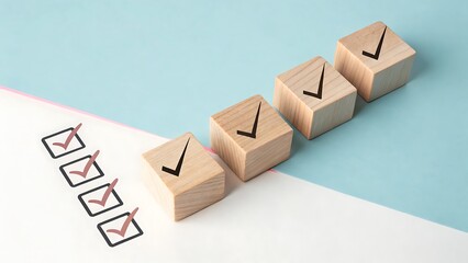 Wooden blocks with check marks aligned with a checklist on a blue and white background representing completion