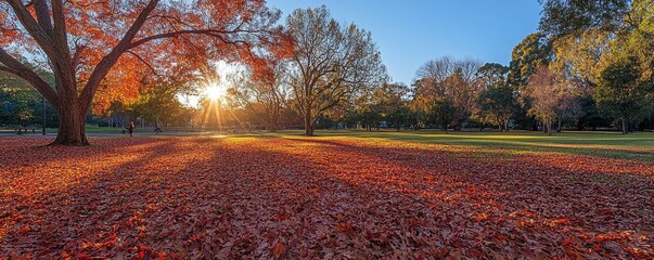 autumn park scene with vibrant red and orange leaves carpeting the ground under glowing sunlight, Generative AI