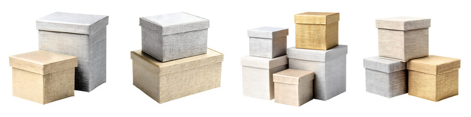 Luxurious, elegant gift boxes in varied textures and colors showcasing metallic, golden, and silver finishes, perfect for celebrations, presents, and decorative storage