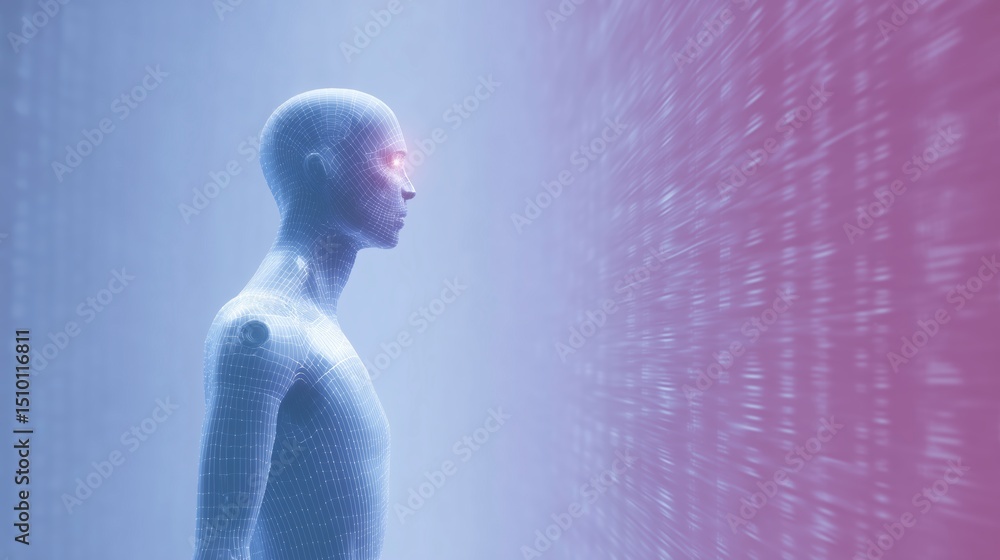 Poster futuristic humanoid figure in a digital environment, illuminated by glowing data streams, representi