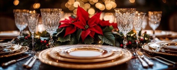 elegant holiday dinner table with silverware, frosted glass goblets, and a centerpiece of poinsettias and glowing candles, Generative AI