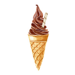 Watercolor hand drawn illustration with chocolate ice cream with chocalate wafer tube in a waffle cone. National ice cream day. Can be used on fabrics and paper products and other. 