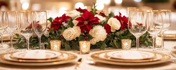 elegant holiday dinner table with silverware, frosted glass goblets, and a centerpiece of poinsettias and glowing candles, Generative AI