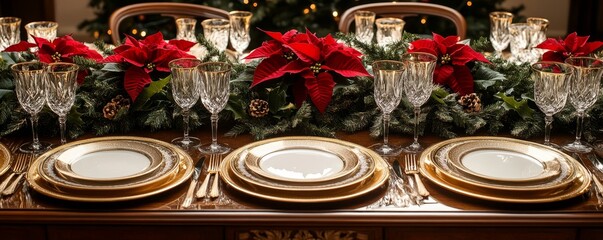 elegant holiday dinner table with silverware, frosted glass goblets, and a centerpiece of poinsettias and glowing candles, Generative AI