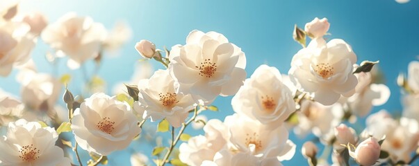close-up of delicate white roses glowing under the sunlight, set against a cloudless blue sky, Generative AI