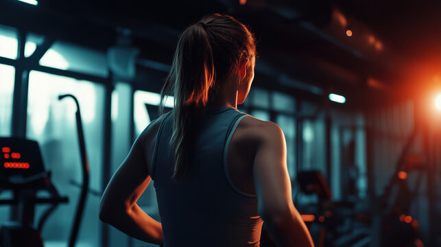 A young woman in a sleeveless athletic top is seen from behind in a dimly lit modern gym, standing in front of fitness equipment with cool and warm light contrasts