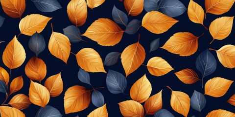 seamless navy background adorned with golden autumn leaves, arranged in an intricate pattern, Generative AI