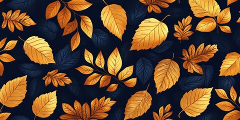 seamless navy background adorned with golden autumn leaves, arranged in an intricate pattern, Generative AI