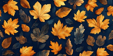 seamless navy background adorned with golden autumn leaves, arranged in an intricate pattern, Generative AI