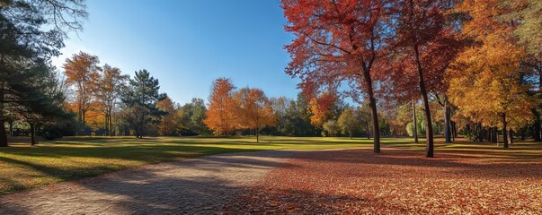 picturesque autumn park with leaves in shades of red and gold, scattered on the ground beneath vibrant trees, Generative AI