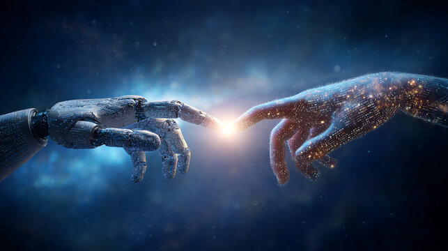 Human and robot hands reaching together in a symbolic moment of connection in a dark cosmic background