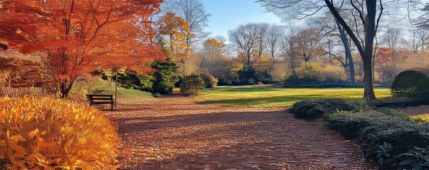 picturesque autumn park with leaves in shades of red and gold, scattered on the ground beneath vibrant trees, Generative AI