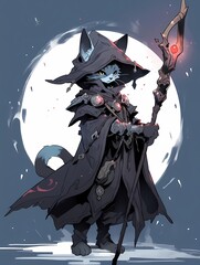 A mystical cat wizard stands with a full moon glow, its striking blue and black fur adorned with a black cloak, pointed hat, and glowing red gemstone, exuding enchantment and mystery.