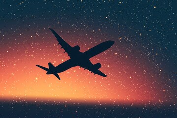 airplane flying through the evening sky, silhouetted against a radiant orange and pink sunset, Generative AI