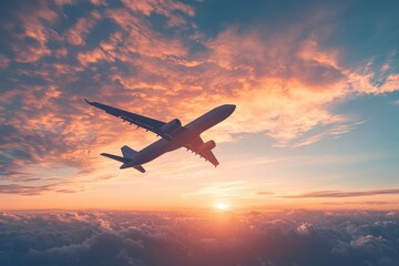 airplane flying through the evening sky, silhouetted against a radiant orange and pink sunset, Generative AI