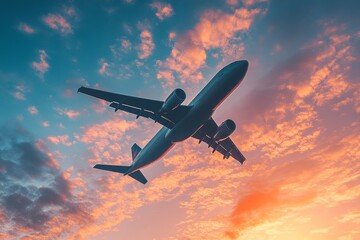 airplane flying through the evening sky, silhouetted against a radiant orange and pink sunset, Generative AI