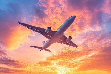 airplane flying through the evening sky, silhouetted against a radiant orange and pink sunset, Generative AI