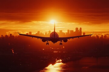 silhouette of an airplane flying over a city skyline with warm hues of a setting sun in the background, Generative AI
