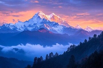 distant view of snow-covered peaks glowing in the pastel hues of a serene sunrise sky, Generative AI