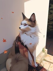 A kimono-clad fox sits on a step amidst autumn leaves, set against a serene backdrop of a white wall and distant forest.