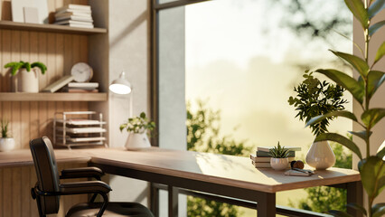 Wooden table with book and decors and armchair near glass wall with sunlight and nature view outside
