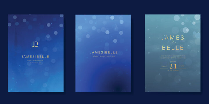 Luxury invitation card design vector set. Elegant wedding card with bubble bokeh blur decorative on navy blue background. Design illustration for cover, poster, gala.