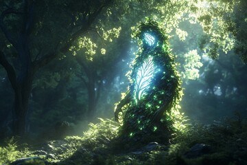 Guardian spirit shaped like a glowing tree illuminates a mystical forest at dusk
