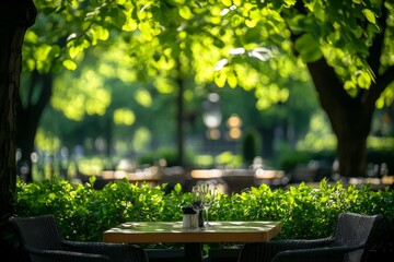 summer park scene with blurred trees and green leaves, creating a warm and inviting atmosphere, Generative AI