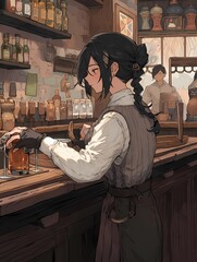 Fantasy woman character with beard and braid behind bar cleaning mug