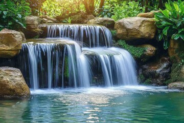 scenic waterfall with sparkling water flowing into a natural turquoise pool, surrounded by greenery, Generative AI