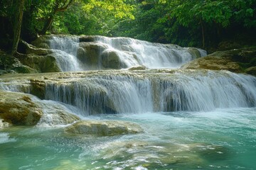 scenic waterfall with sparkling water flowing into a natural turquoise pool, surrounded by greenery, Generative AI