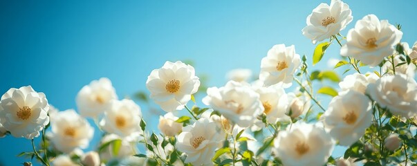 banner of wild white roses blooming vividly against a bright blue sky, with room for text, Generative AI