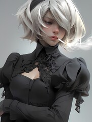 Anime illustration of a woman with white hair and a lace collar smoking a cigarette.
