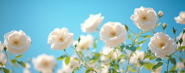 banner of wild white roses blooming vividly against a bright blue sky, with room for text, Generative AI