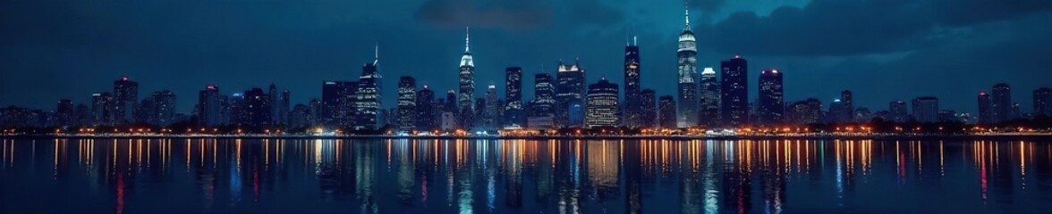 Dark city skyline at midnight, illuminated buildings and streets reflecting in dark water, serene night scene , blue, illuminated