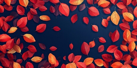 navy blue background with scattered autumn leaves in shades of red and orange, forming a luxurious design, Generative AI