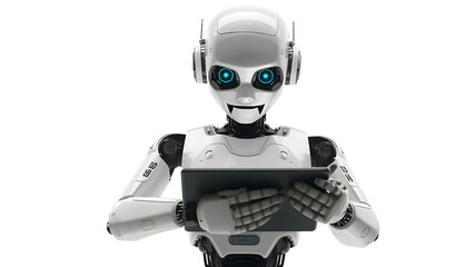 a robot using a tablet, isolated on a white background,generative ai