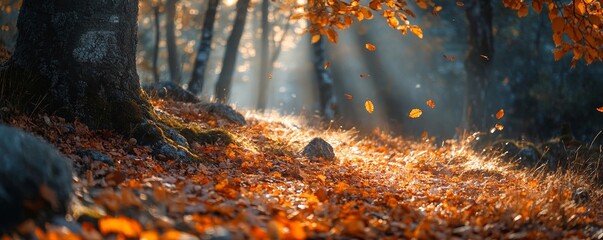 serene autumn landscape with golden and red leaves blanketing the forest floor, illuminated by soft sunlight, Generative AI