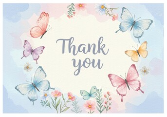 Watercolor Butterflies Thank You Card - Delicate watercolor butterflies and flowers surround a "Thank You" message, perfect for expressing gratitude