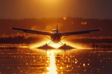 plane taking off at sunset, captured with the golden light reflecting off its wings, Generative AI