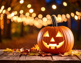 Illuminated pumpkin on wooden table, autumnal setting