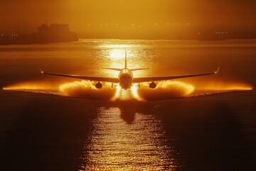 plane taking off at sunset, captured with the golden light reflecting off its wings, Generative AI