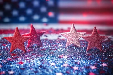 bold patriotic design with red, white, and blue stars and an American flag backdrop, enhanced with glitter effects, Generative AI