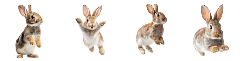 Fototapeta premium Cute, playful rabbits in various poses, showcasing their fluffy coats and expressive features, ideal for pet lovers, children’s themes, and nature illustrations