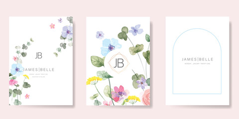 Elegant wedding invitation card background vector. Minimal hand painted watercolor botanical flowers texture template background. Design illustration for wedding, vip cover, poster, rsvp modern card.