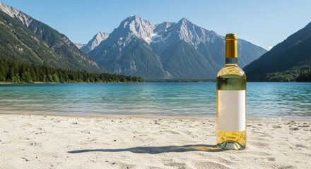 White Wine by Mountain Lake - A bottle of white wine sits on a sandy beach, with a stunning mountain lake and snow-capped peaks in the background