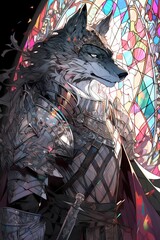 A wolf character stands majestically in armor, its flowing hair and piercing gaze drawing the viewer in, against a vibrant stained glass backdrop.