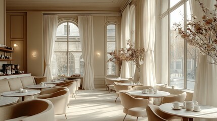 Elegant cafe interior, warm tones, natural light