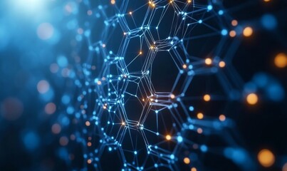 dynamic medical design featuring geometric patterns of hexagons and connecting nodes in shades of blue, Generative AI
