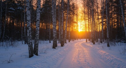 Winter Sunset Path Through Birch Forest - Serene winter sunset scene, path winding through snow-covered birch trees, golden sunlight filtering through branches